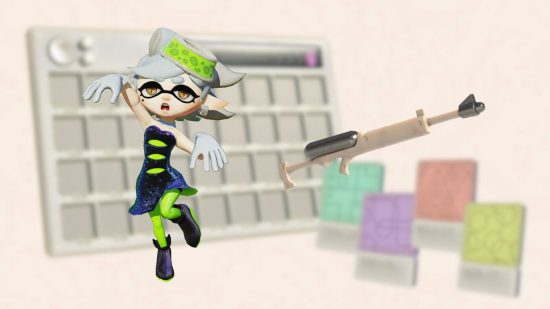 Splatoon 3 Side Order palettes: Marie and her weapon over a background of a palette