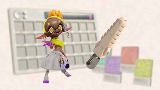 Splatoon 3 Side Order palettes: Frye and her weapon over a background of a palette