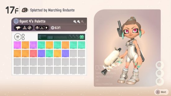 Splatoon 3 Side Order palettes: a range of color chips in a palette next to an octoling
