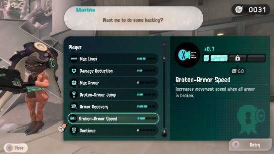 Splatoon 3 Side Order rewards: a menu showing available upgrades in the game