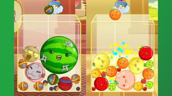 Suika Games - Two screenshots of Kyo’s Fruit Merge showing different skins on the fruit