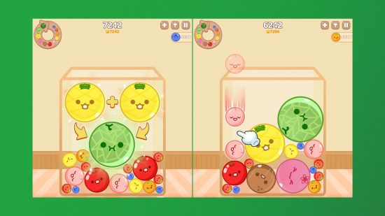 Suika Games - Two screengrabs of Melon Maker showing how to merge fruits together