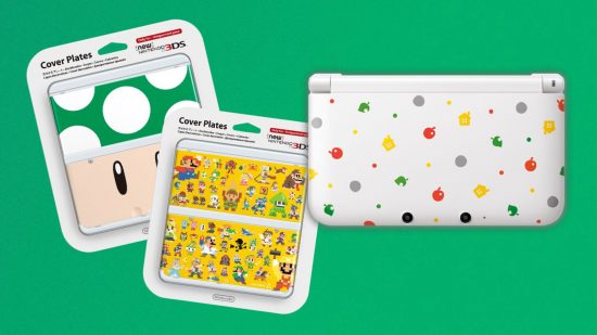 Switch 2 feature - Different patterns on 3DS cases showing Mario, Animal Crossing, and Nintendo themes