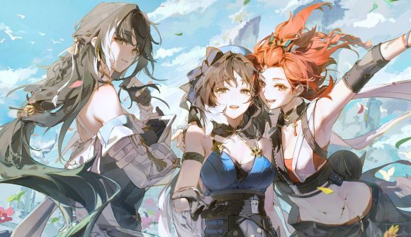 Official art of three Wuthering Waves characters standing outside