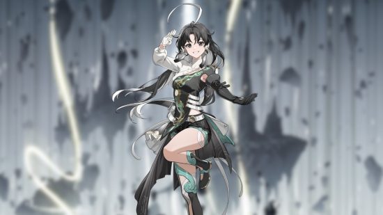 Wuthering Waves characters - Jianxin holding up a leg and posing with her arms out