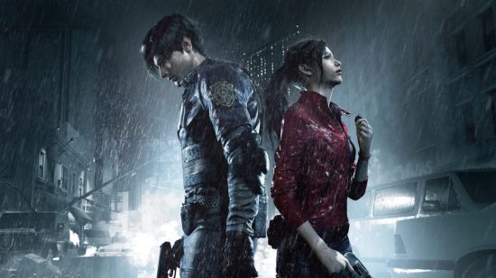 action games, leon and claire stood back to back in RE2R