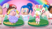 Animal Crossing Pocket Camp Sanrio: Etoile and Chelsea, the Sanrio collab villagers, plus three Sanrio fortune cookies, all outlined in white and pasted on a blurred screenshot from the collab trailer