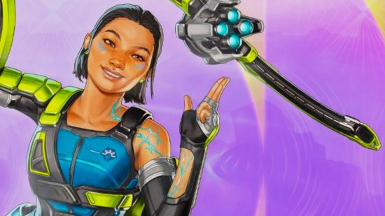 Apex Legends character Conduit with her exosuit on a purple background