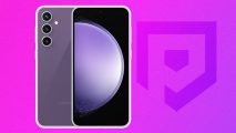 Custom image of a purple Samsung Galaxy S23 FE on a purple background for AT&T Samsung Galaxy S23 FE deals post