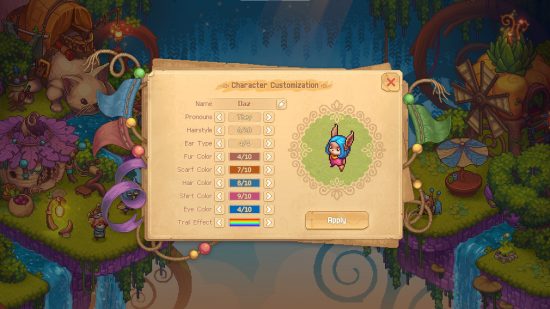 Bandle Tale review: A screenshot of the character creation screen showing a light brown yordle with tall, pointy ears, blue hair, and a pink shirt. The menu shows that they use they/them pronouns and have a rainbow-coloured trail