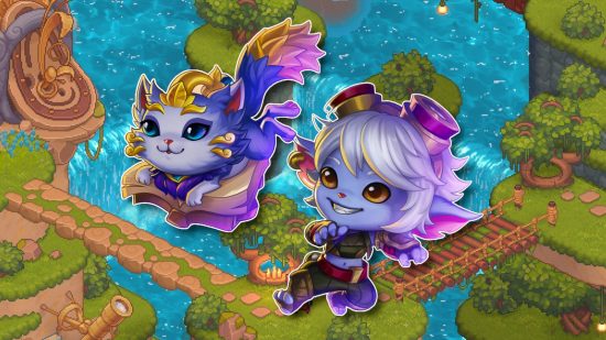 Bandle Tale review: Tristana and Yuumi outlined in white and pasted on a screenshot from Bandle Tale of some waterfalls