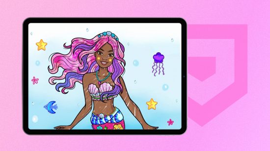 Barbie games: A zoomed-in screenshot of a Barbie mermaid colouring page on an iPad, pasted onto a bubblegum pink PT background