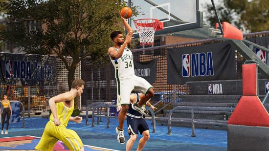 NBA Infinite screenshot of a player slam dunking for best basketball games guide