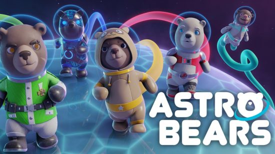 Bear games: Key art from Astro Bears showing four 3D bears in space suits running across a blue sphere with hexagonal patterns