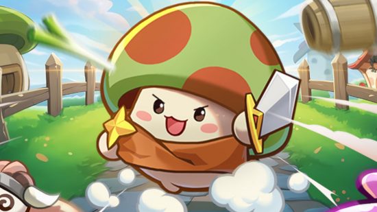 Art from one of the best Anrdoid games, Legend of Mushroom,, showing a mushroom warrior smiling and charging into battle
