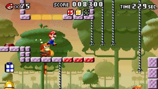 Custom image for Mario vs Donkey Kong entry on best GBA games list with Mario jumping on an enemy