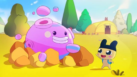 Best iPhone games: Tamagotchi life. Image shows Mametchi speaking to Meteoritchi in an open field.