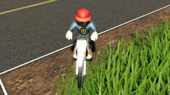 An avatar in a blue PT jumper sat on a white bike on a road next to grass looking for Bikelife Miami 2 codes