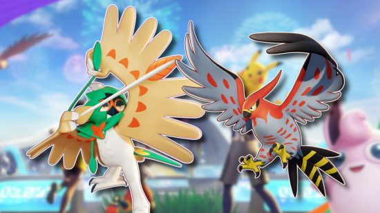 Bird Pokemon: Decidueye and Talonflame from Unite pasted on a blurred Unite artwork