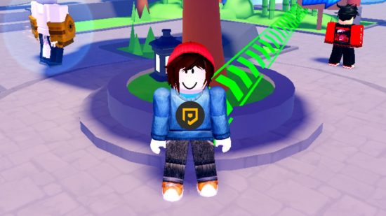 Blade Tower Defense codes: An avatar in a red beanie wearing a PT jumper stood in front of a tree with a character either side