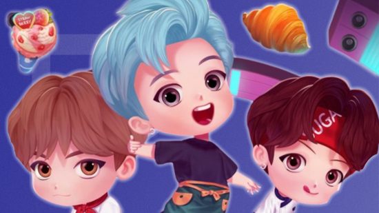 Three BTS members surrounded by food in front of a blue background