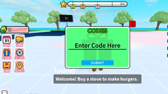 Burger Store Tycoon codes redemption screen in front of an open space with trees in the background