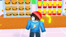 Burger Store Tycoon Redemption codes: An avatar in a blue pizza jumper and a red beanie in front of some burgers and fries on a counter