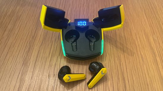 Custom image for Canyon Doublebee GTWS-2 gaming headset review with the earbuds out and the case facing forwards