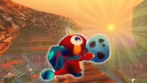 Cavern of Dreams Switch review - Fynn a little red dragon holding an egg while the sun shines brightly over the forest in the background