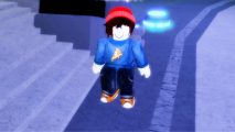 Champions TD codes: an avatar in a pizza jumper and red beanie stood next to some stair with a glowing button in the background