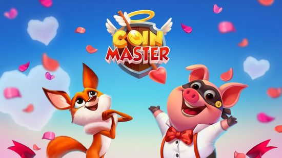 Coin Master free spins - a fox and a big surrounded by love hearts next to the Coin Master logo