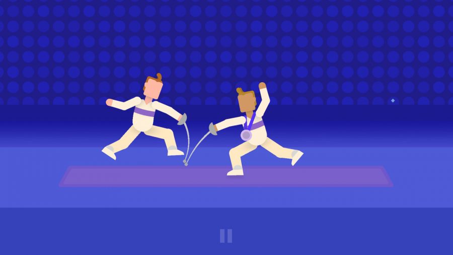 Cricket Through the Ages hero image featuring two men fencing in a blue room