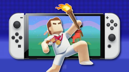 Cricket Through the Ages Switch: The mascot carrying an Olympic torch, outlined in white and pasted on a Switch OLED showing a screenshot of the game. This is on a blurred blue background