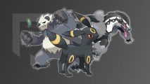 Dark Pokemon weakness - Pangoro, Umbreon, and Obstagoon posing together in front of a light black PT background