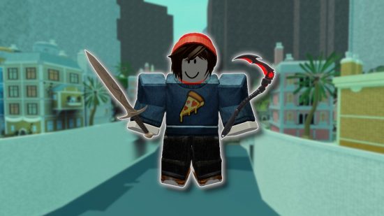 Deepwoken weapons: A Roblox character holding two weapons, outlined in white and pasted on a slightly blurred Deepwoken screenshot