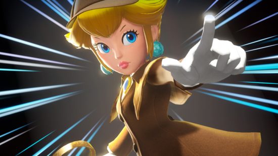 Detective games: A screenshot of Princess Peach: Showtime! where Peach is dressed in a classic detective's deerstalker hat and tweed jacket and holding a magnifying glass. She is pointing forward with one hand an blue lines surround her indicating movement and action, much like in Ace Attorney