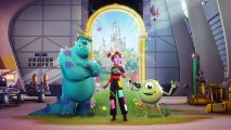 Disney Dreamlight Valley update - The Laugh Floor promotional art showing Sulley, Mike, and a player character walking through a magical door to enter the Monsters Inc factory