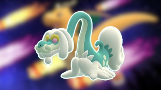 Dragon Pokemon: Drampa's Pokemon Go sprite outlined in white and pasted on a blurred draco meteor background