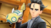Dunsparce evolution: Dunsparce outlined in white and pasted next to Larry the normal type gym leader, who has a Dudunsparce