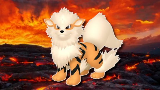 Fire Pokemon: Arcanine outlined in white and pasted on a magma field background from Pokemon Go