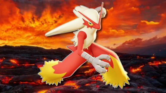 Fire Pokemon: Blaziken outlined in white and pasted on a magma field background from Pokemon Go
