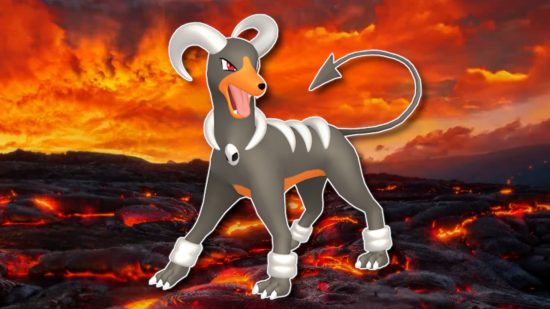Fire Pokemon: Houndoom outlined in white and pasted on a magma field background from Pokemon Go