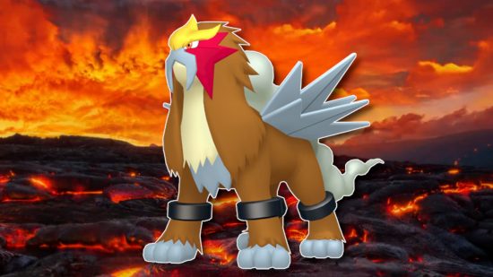 Fire Pokemon: Entei outlined in white and pasted on a magma field background from Pokemon Go