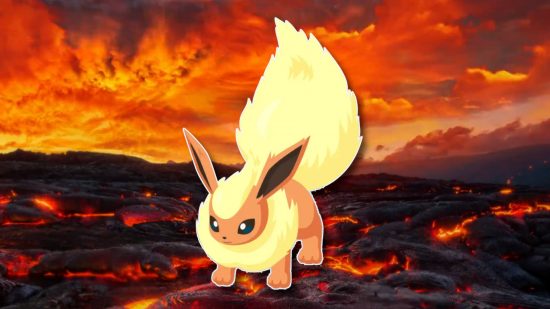 Fire Pokemon: Flareon’s Pokemon Sleep model outlined in white and pasted on a magma field background from Pokemon Go