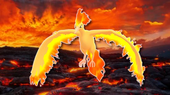 Fire Pokemon: Moltres outlined in white and pasted on a magma field background from Pokemon Go