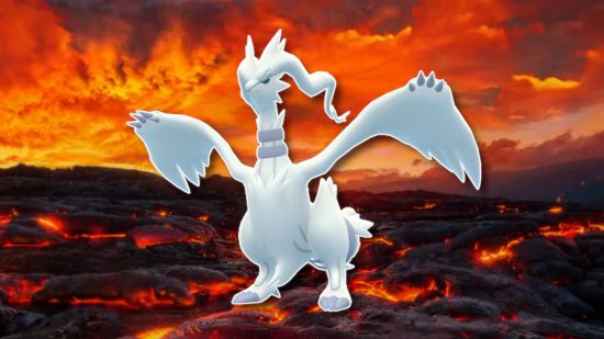 Fire Pokemon: Reshiram outlined in white and pasted on a magma field background from Pokemon Go