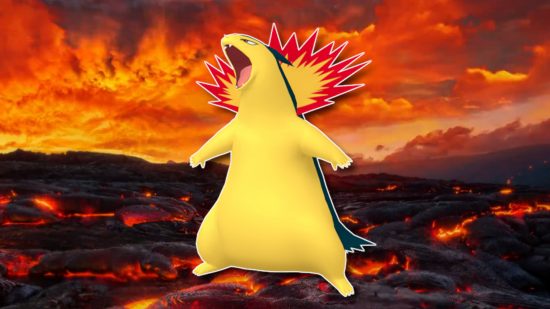Fire Pokemon: Typhlosion outlined in white and pasted on a magma field background from Pokemon Go
