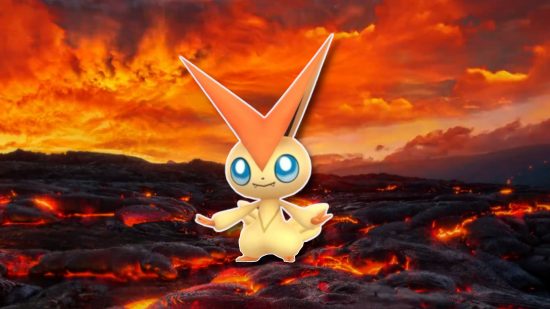 Fire Pokemon: Victini outlined in white and pasted on a magma field background from Pokemon Go