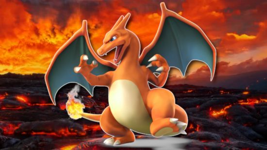 Fire Pokemon: Charizard’s Smash model outlined in white and pasted on a magma field background from Pokemon Go