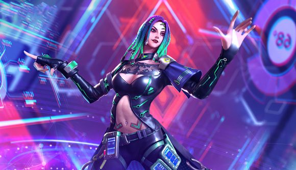 Free Fire redeem codes - a lady with a leather outfit and neon green and blue braids hacking two different screens in a red and purple high tech room